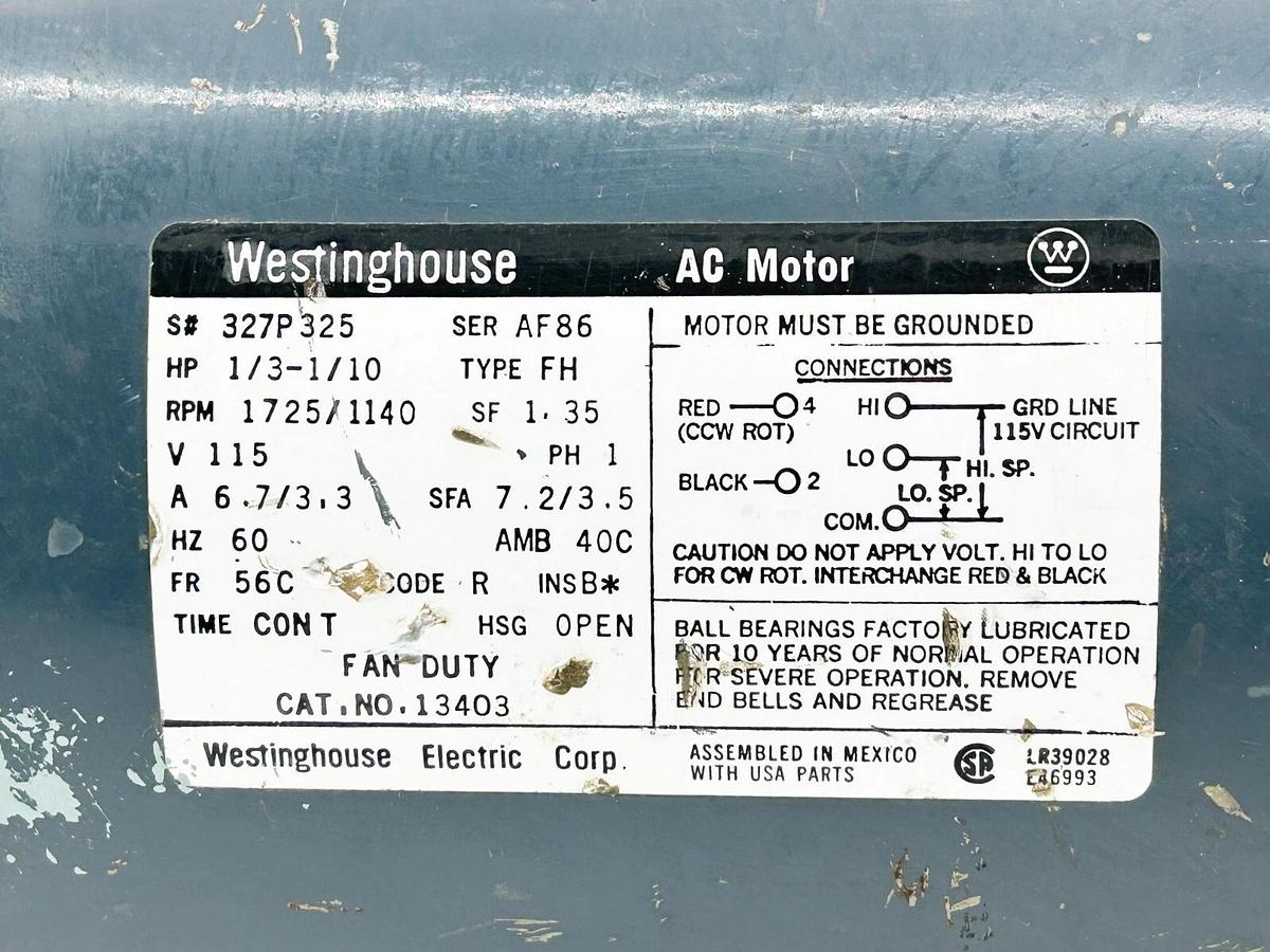 Used Westinghouse 13403 AC Motor 1/3-1/10HP 1724RPM 7.7A 60Hz