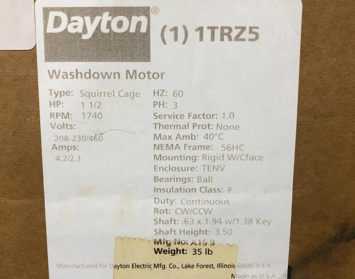 New Dayton 1TRZ5 Washdown Motor 1-1/2 HP 208-230/460V 1740rpm 4.2/2.1A 3PH