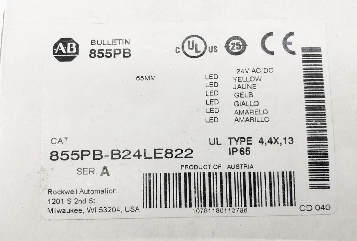 New Allen Bradley 855PB-B24LE822 Ser. A Panel Mount Sounder LED Yellow 24VAC/DC