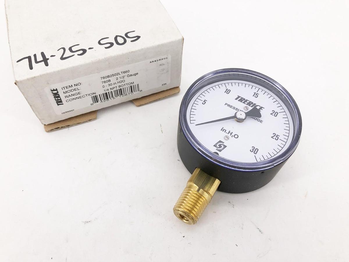 New Trerice 760B2502LT660 Gauge 760B 2-1/2" 0-30 in. H2O 1/4" NPT Bottom