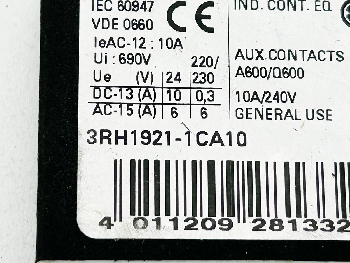 New Lot of 3 Siemens 3RH1921-1CA10 Auxiliary Contact Block 10Amp 240VAC 1 Pole 1