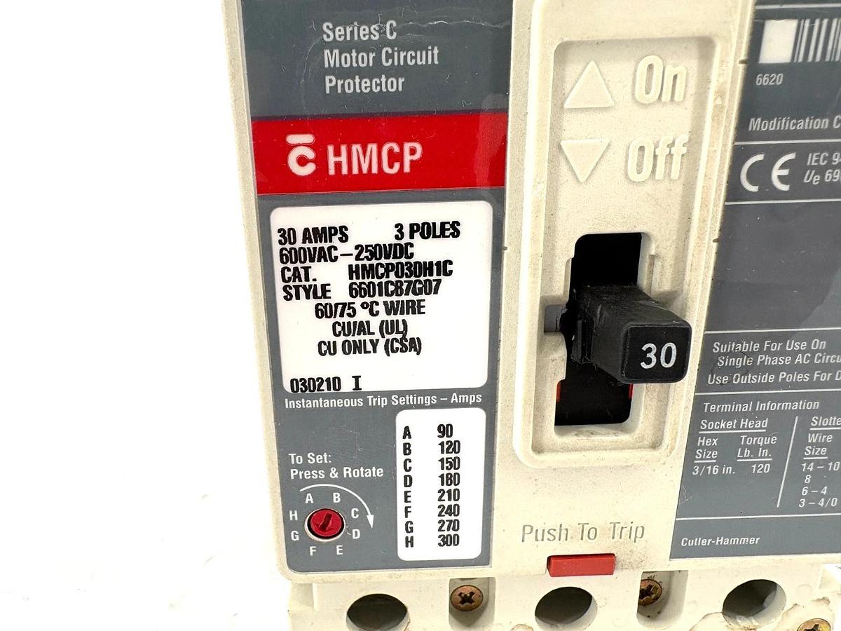 Used Cutler-Hammer HMCP030H1C 30A Circuit Breaker 3-Pole 600VAC 250VDC