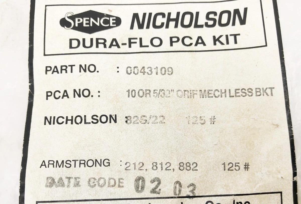 New Spence Nicholson 0043109 Repair Kit 10 or 5/32" ORIF MECH LESS BKT