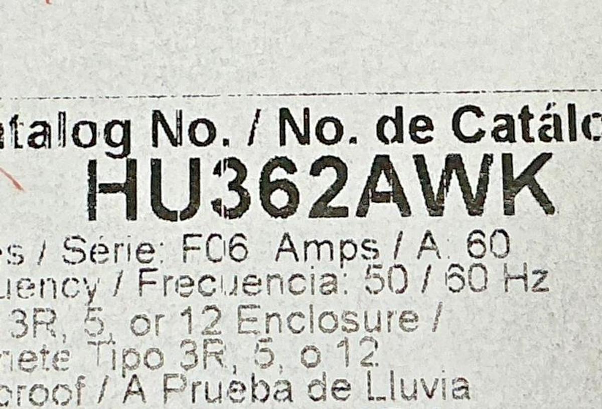 New Square D HU362AWK Ser F6 Heavy Duty Safety Switch 3P 60A 600V