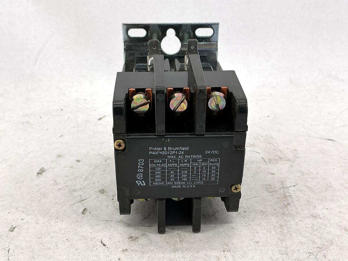 Used Potter & Brumfield P40P42D12P1-24 Contactor 3-Pole 24VDC Coil 50A 600V
