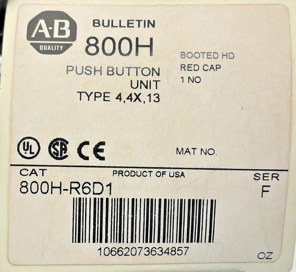 New Allen Bradley 800H-R6D1 Ser F Push Button Booted HD Red Cap 1 NO