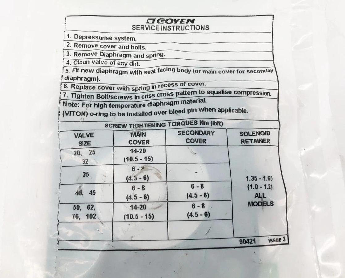 New Goyen K2531 Diaphragm Kit RCAC25FH3-BUNA/AK
