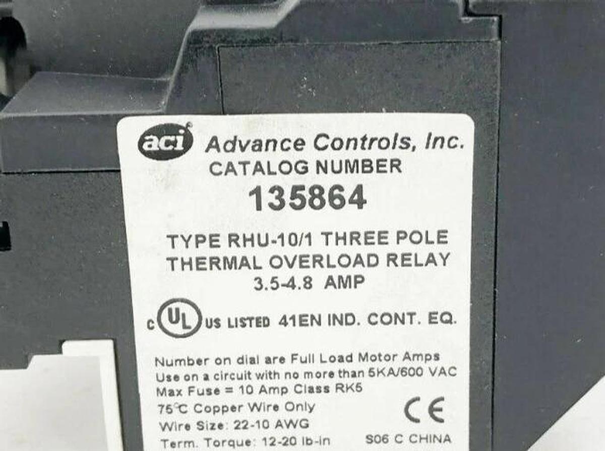 New Advance Controls RHU-10/1 Thermal Overload Relay 3.5-4.8 A 3 Pole 135864