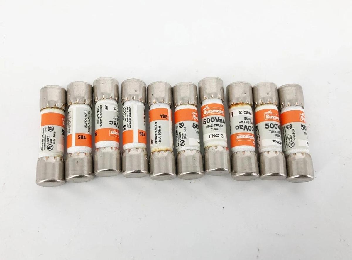 Box of 10 New Bussmann FNQ-3 Time-Delay Fuses 3A 500V