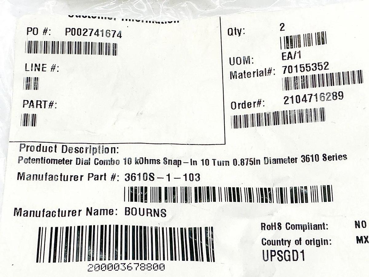 New Bourns 3610S-1-103 Potentiometer Dial Combo 10k0hms