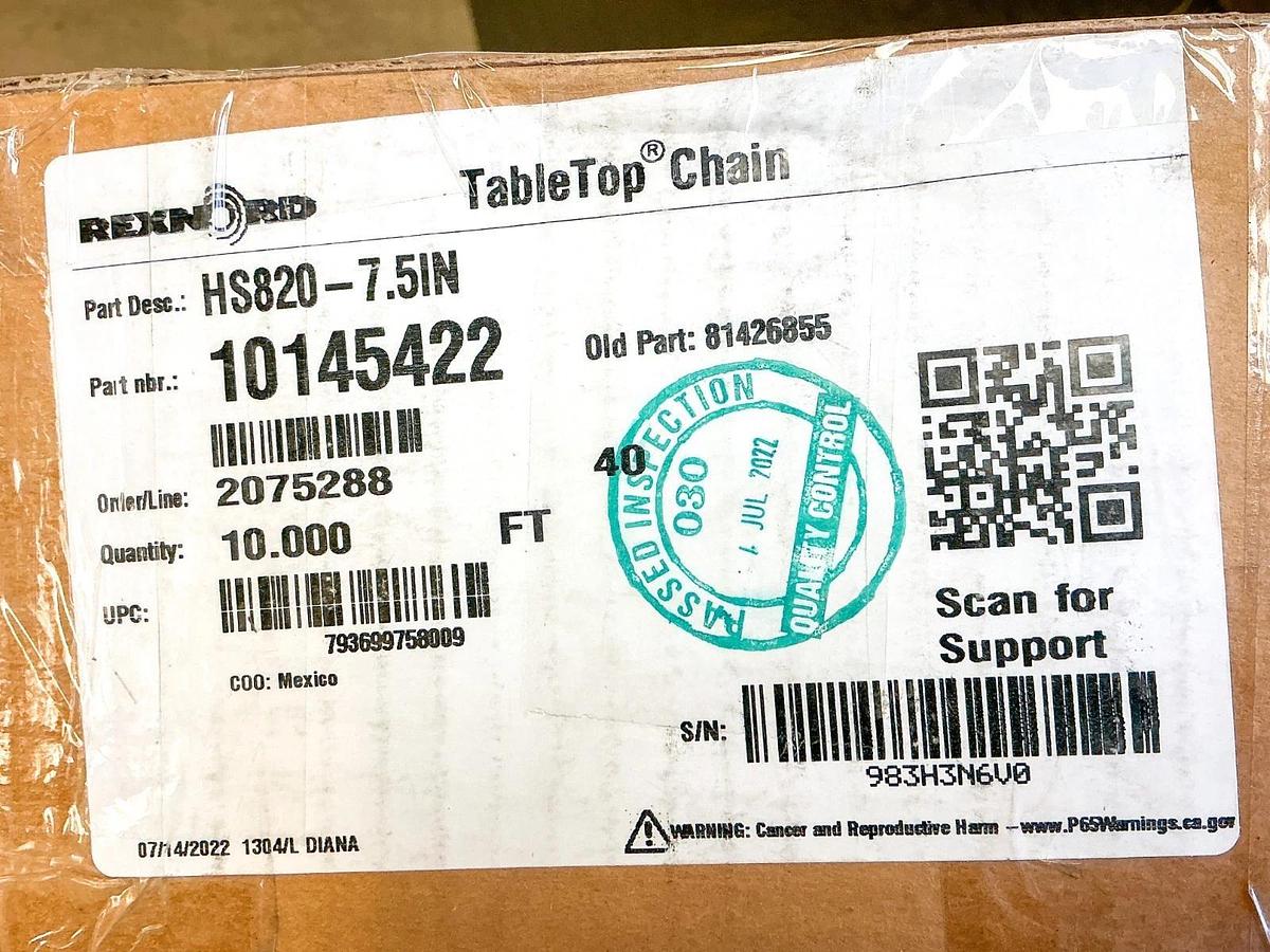 New Rexnord HS820-7.5IN TableTop Chain 10FT 10145422 81426855 - No Box