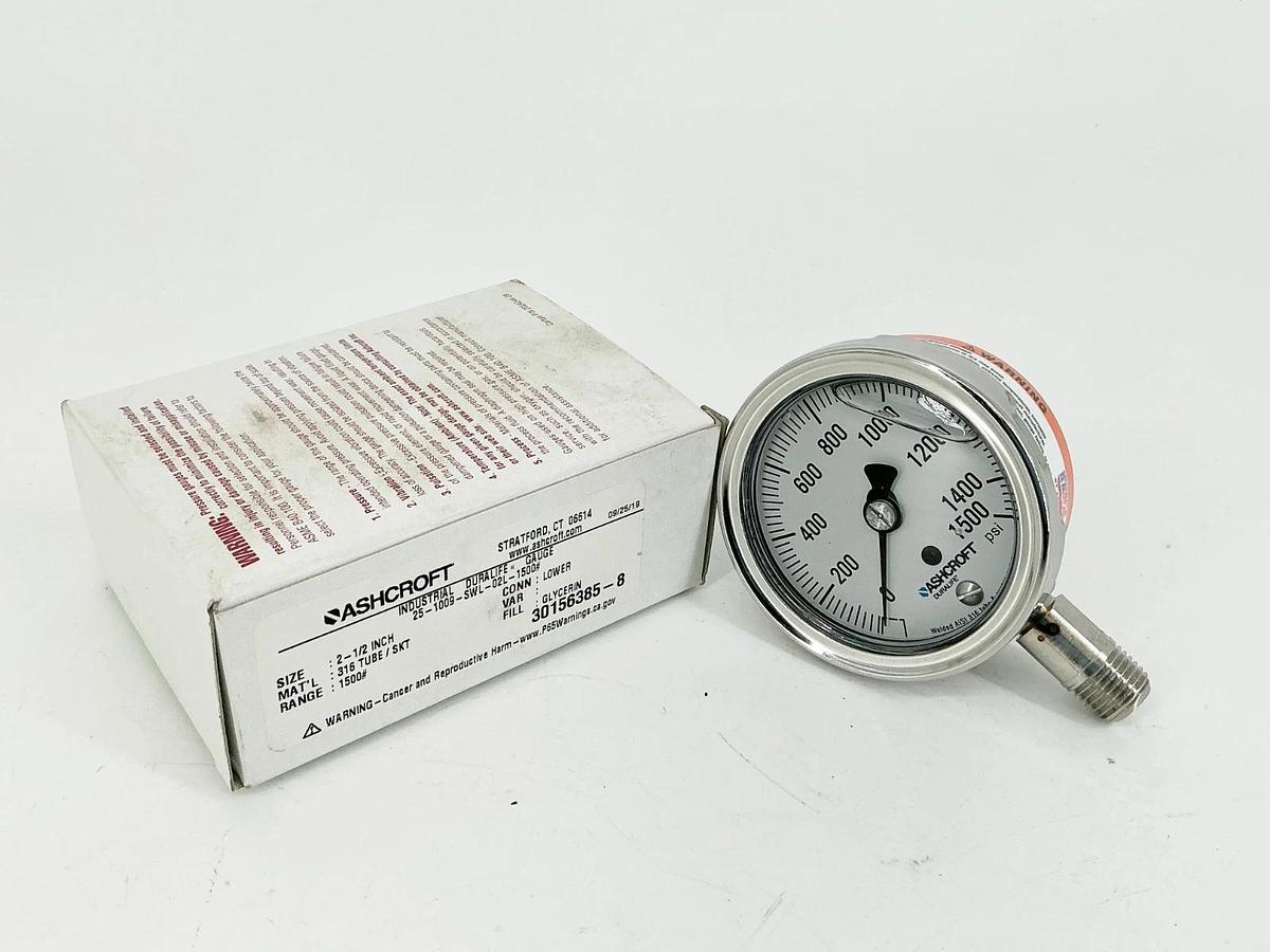 New Ashcroft 25-1009-SWL-02L-1500# Pressure Gauge 2-1/2" 1500PSI 316 Tube