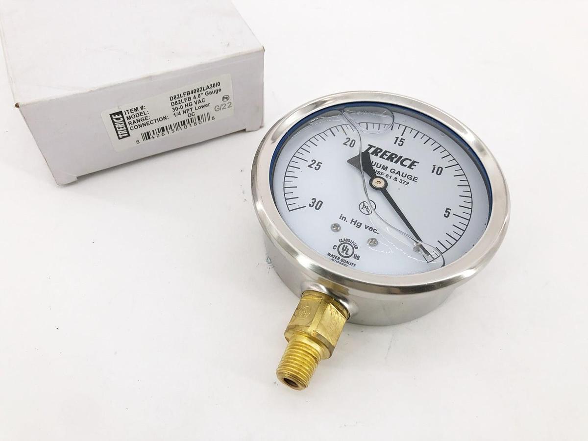 New Trerice D82LFB4002LA30/0 Pressure Gauge D82LFB 4" 30-0 HG VAC 1/4" Lower OC