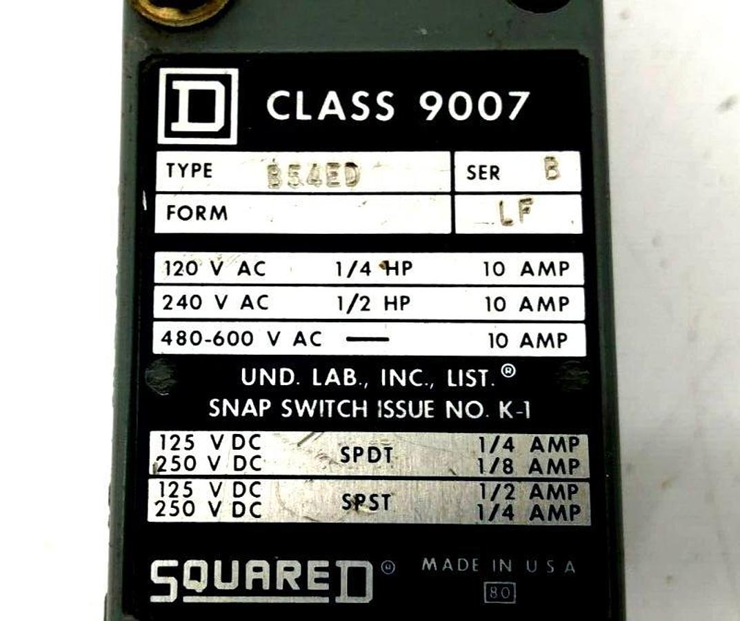 New Square D 9007-B54ED Heavy Duty Limit Switch 480-600VAC 10A Series B