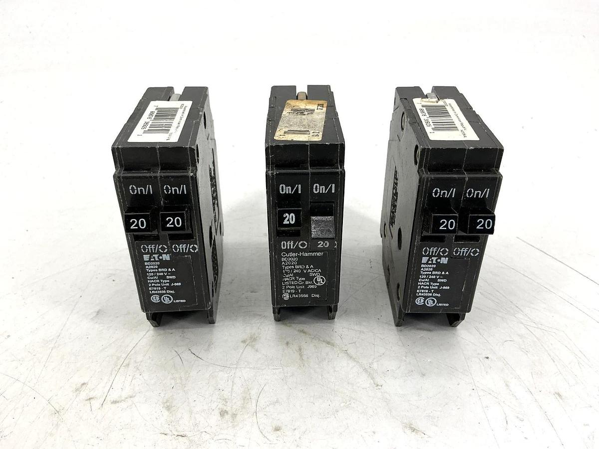 Used Lot of 3 Eaton Cutler-Hammer BD2020 Circuit Breaker Type BRD&A 2P 20A 240V A2020