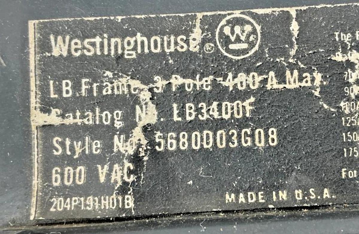 Used Westinghouse LB3400F Circuit Breaker 3P 300A 600VAC MISSING SWITCH