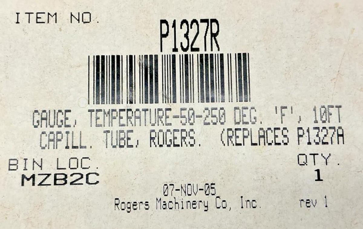New Rogers Machinery P1327R Temperature Gouge Model W Range 50-250F 10-120C