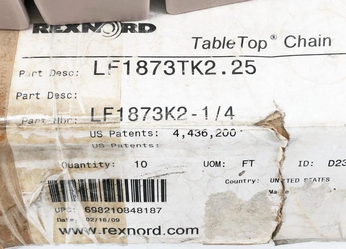 New Rexnord LF1873TK2.25 TableTop Chain 10 FT. LF1873K2-1/4