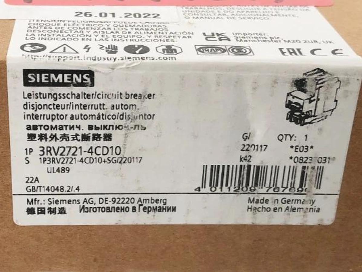 New Siemens 3RV2721-4CD10 Circuit Breaker 22A 690V