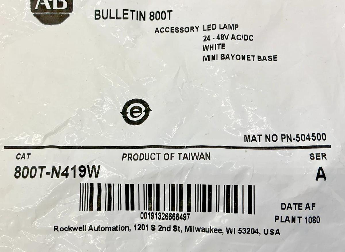 New Allen Bradley 800T-N419W Ser A Pilot Light Accessory LED Lamp Bulb 48V White