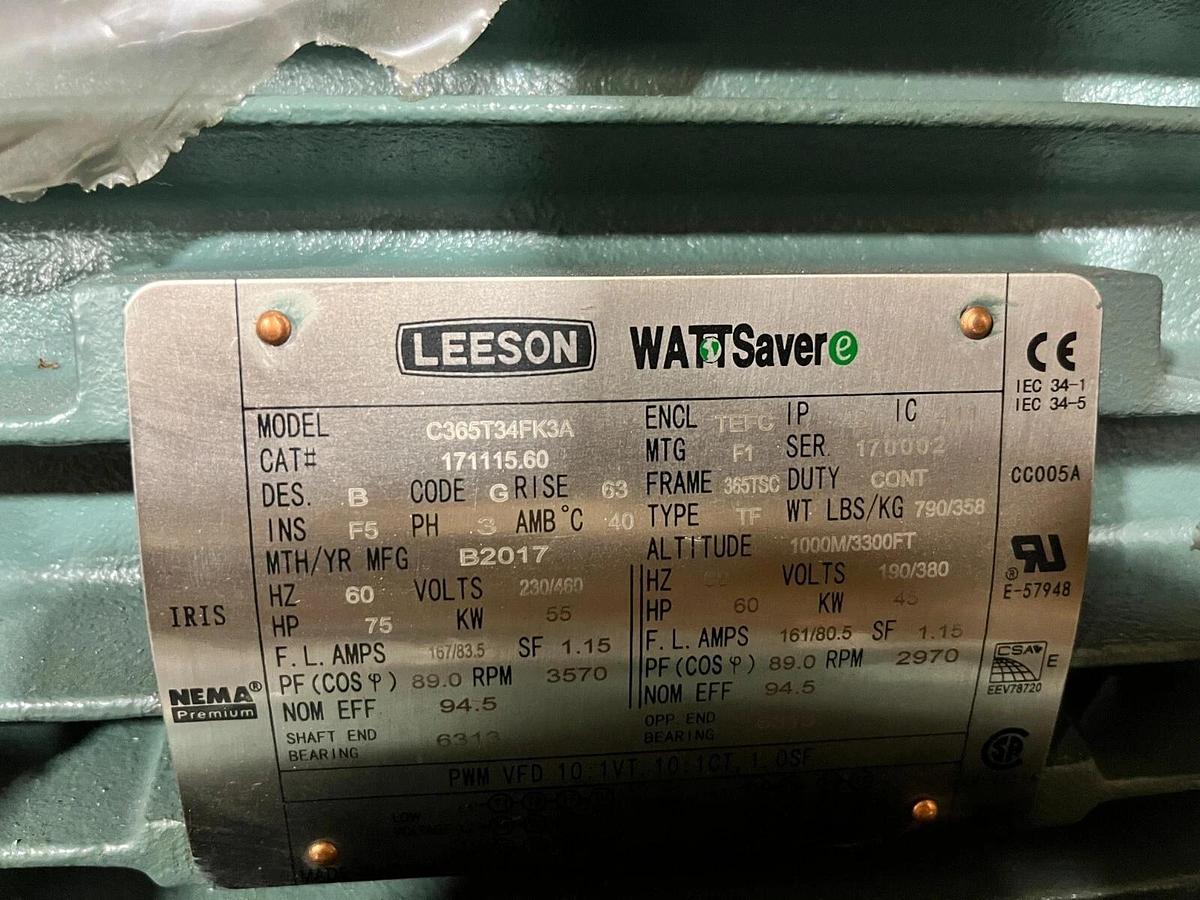New Leeson C365T34FK3A 171115.60 75HP TEFC Motor 208-230/460 & 190/380V 365TSC