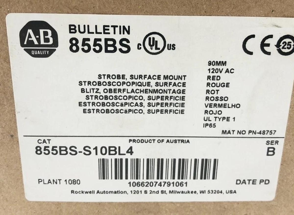 New Allen Bradley 855BS-S10BL4 Industrial Beacon 90mm 120VAC Red