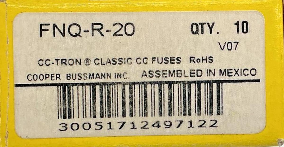New Bussmann FNQ-R-20 Limitron CC-TRON Class CC Fuse 20A 600V Box of 10