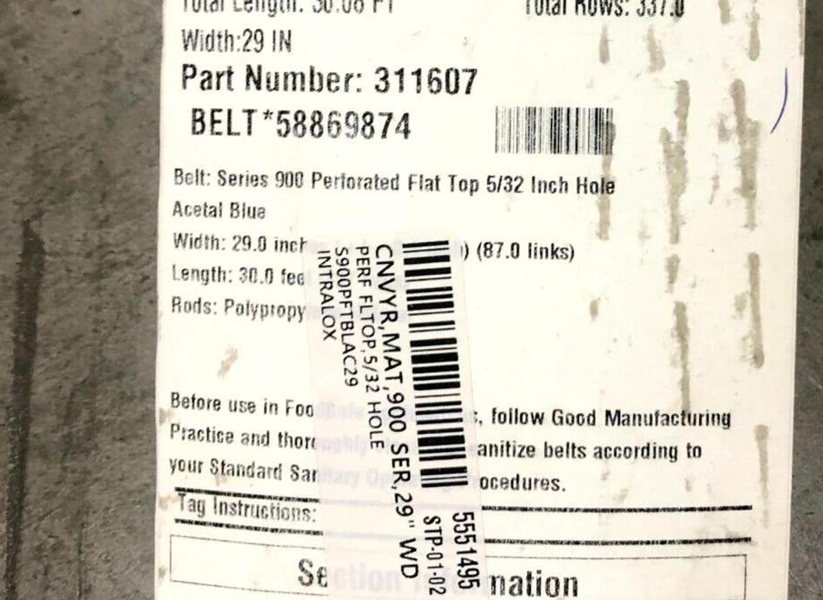 New Intralox 311607 Series 900 Perforated Flat Top Acetal Blue 29"W x 17.67FT.