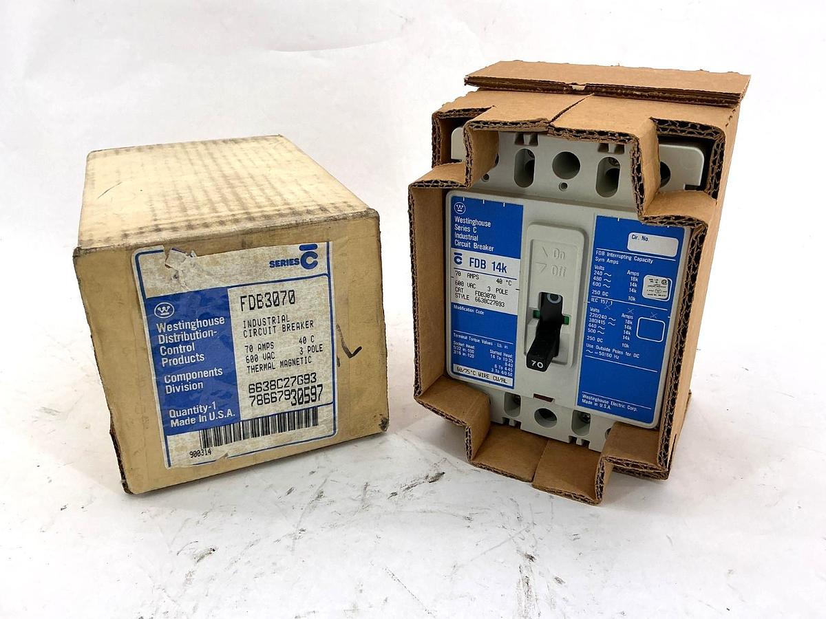 New Westinghouse FDB3070 Ser C Industrial Circuit Breaker 3-Pole 40C 70A 600V