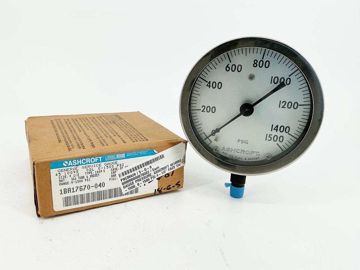 New Ashcroft 45-1009S-02L-0-1500 Pressure Gauge 0-1500PSI 4.5" Face 1/4" NPT