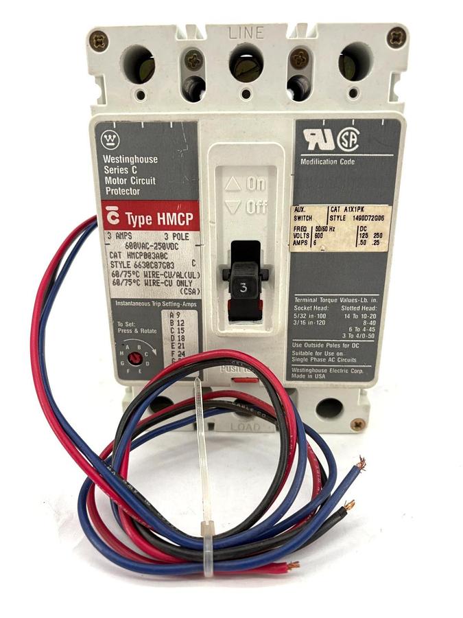 Used Westinghouse HMCP003A0C 3A Circuit Breaker w/ A1X1PK Aux. Switch 3P 600VAC 250VD