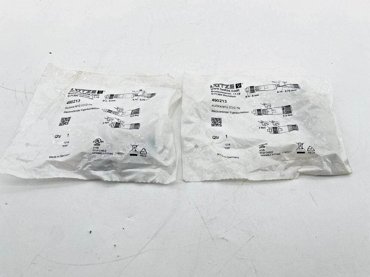 Lot of 2 New Lutze 490213 M12 Connector Female Straight KUGK4-M12 (C)-D FK