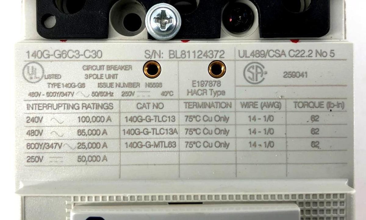 New Allen Bradley 140G-G6C3-C30 Circuit Breaker 30A 3P 480V - Cosmetic Damage