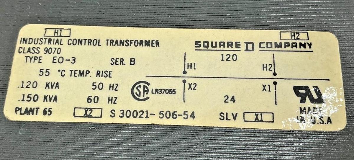New Square D 9070EO-3 Control Circuit Transformer .15kVA Pri. 120V Sec. 24V