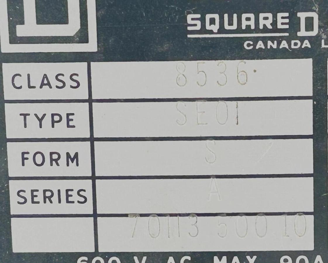 Used Square D 8536SEO1V02S Starter 90A 600V 3Phase 3P 110/120V 50/60Hz NEMA 3