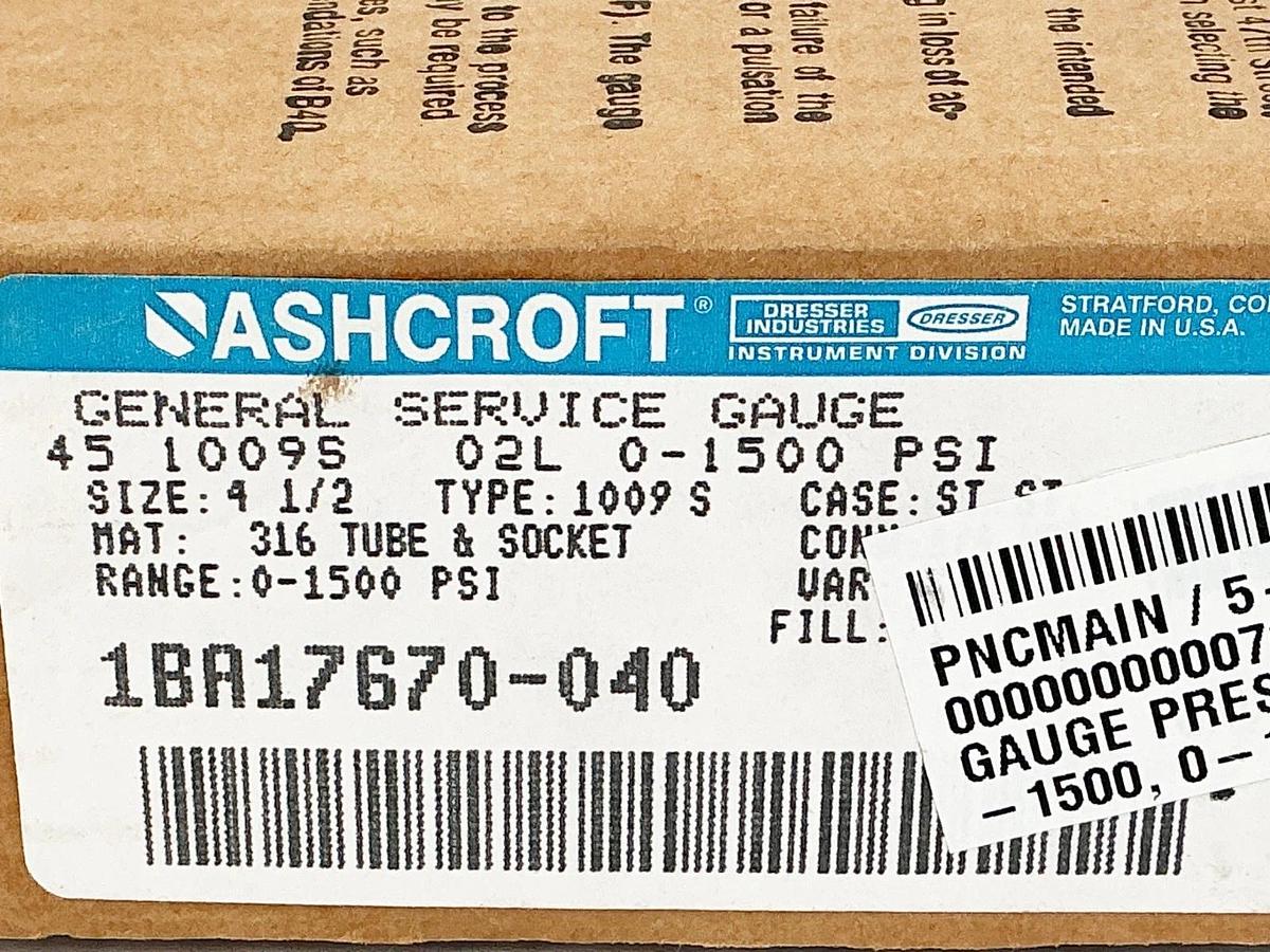 New Ashcroft 45-1009S-02L-0-1500 Pressure Gauge 0-1500PSI 4.5" Face 1/4" NPT