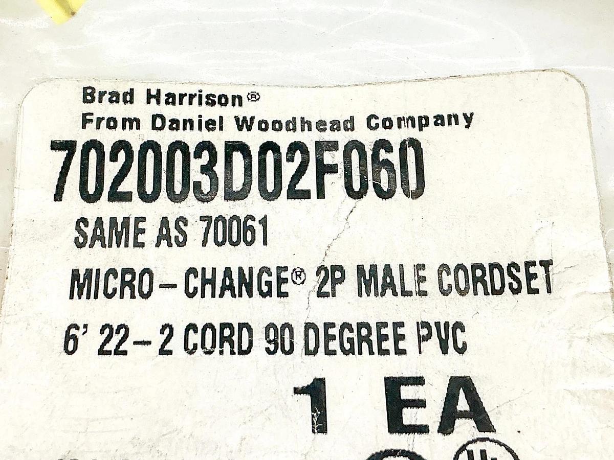 New Brad Harrison 702003D02F060 Micro-Change Cordset 2P Male 90 Deg PVC 70061