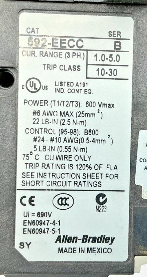Used Allen Bradley 592-EECC Ser B Overload Relay 1.0-5.0A 3 Phase Missing Reset Cover