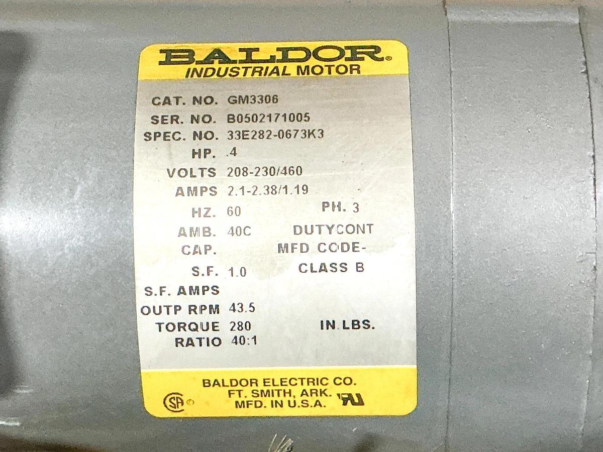 New Baldor GM3306 Gear Motor .4HP 43.5RPM 40:1 460V Spec 33E282-0673K3 - No Box