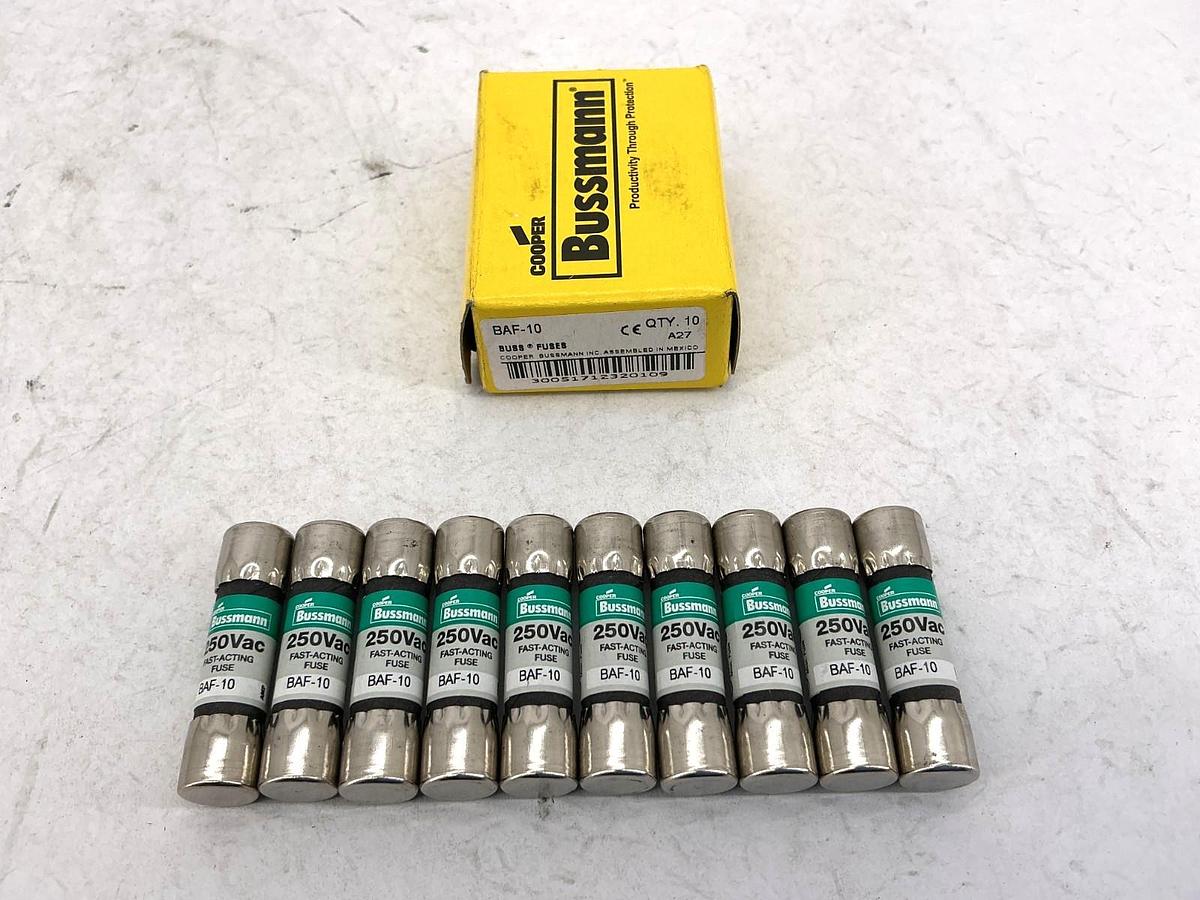 New Bussmann BAF-10 250Vac Fast-Acting Fuse 10A 250V Box of 10