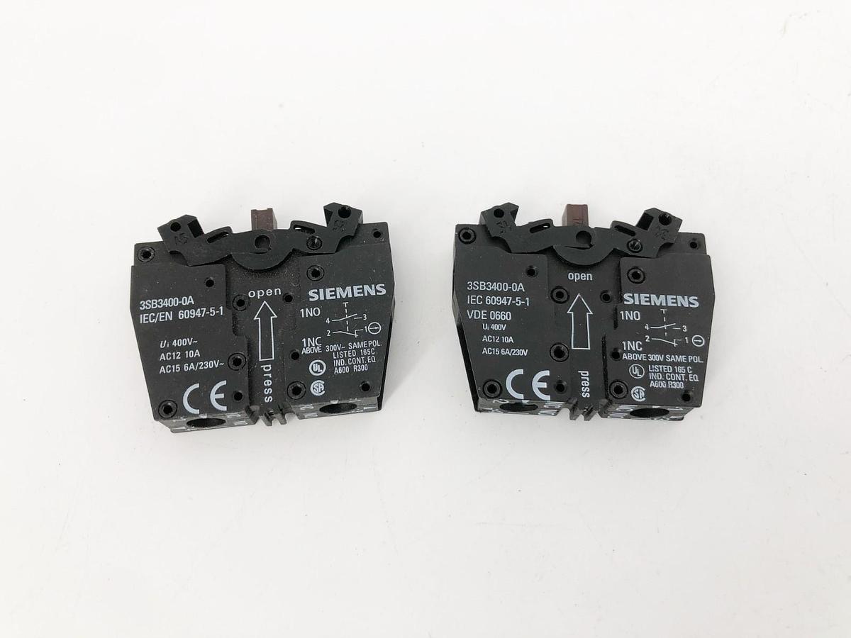 Lot of 2 New Siemens 3SB3400-0A Contact Blocks 400V 1NO 1NC - No Box