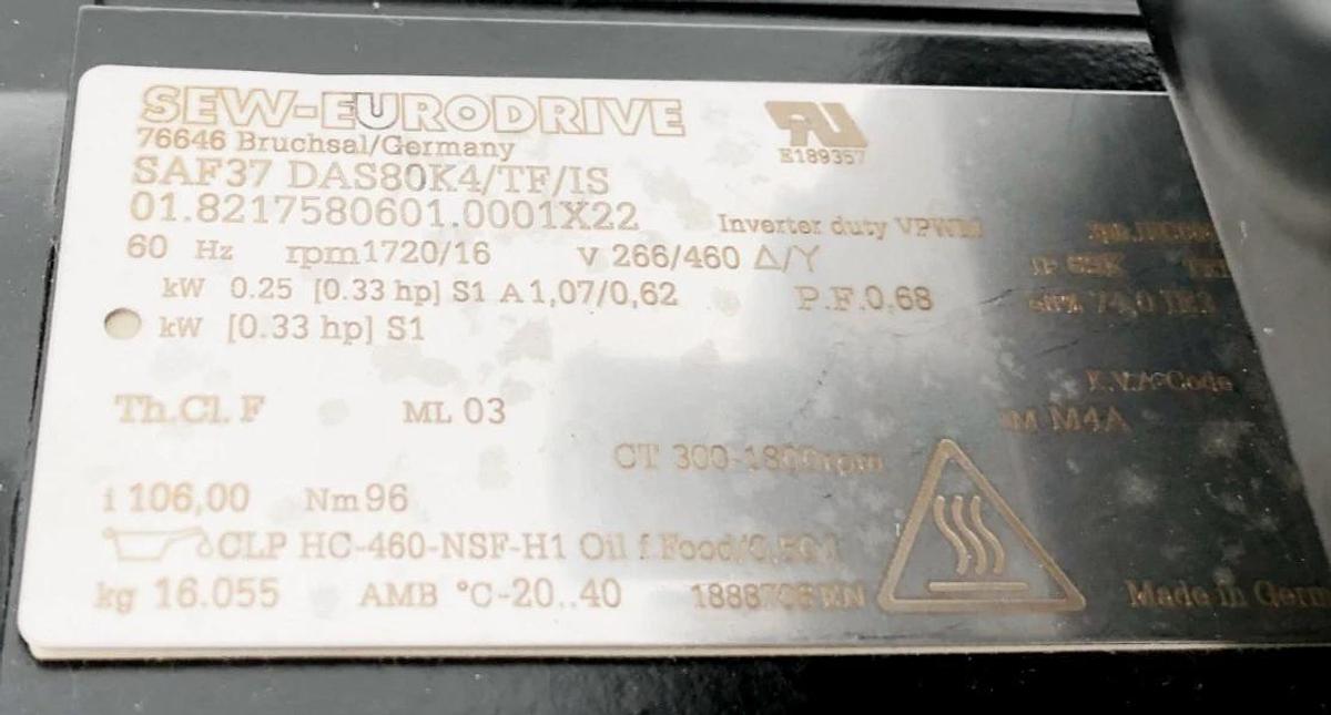 New SEW Eurodrive SAF37 DAS80K4/TF/IS Gear Motor 460V 16RPM Output - No Box