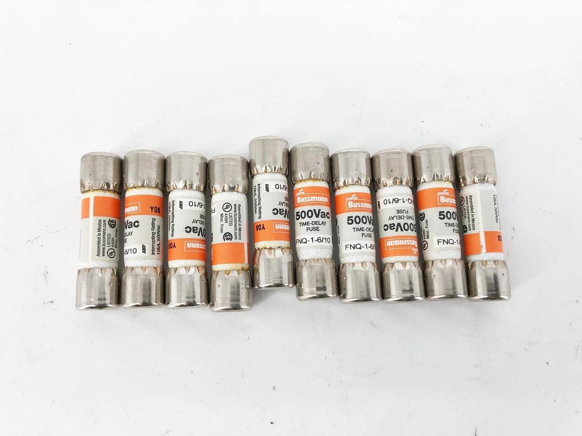 Box of 10 New Bussmann FNQ-1-6/10 Time-Delay Fuses 1-6/10A 500V