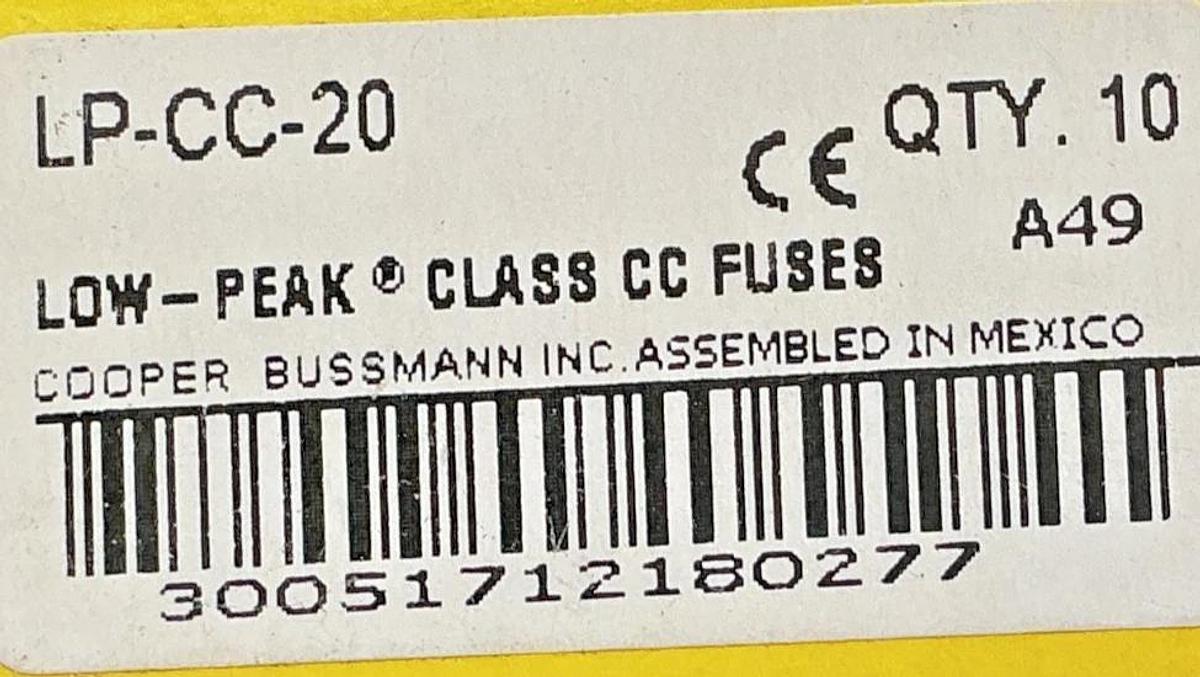 New Bussmann LP-CC-20 Low-Peak Time-Delay Class CC Fuse 20A 600V Box of 10