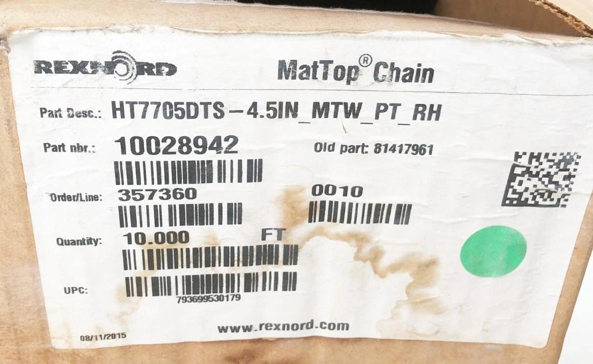New Rexnord HT7705DTS-4.5IN MTW PT RH MatTop Chain 10 FT. 10028942 81417961
