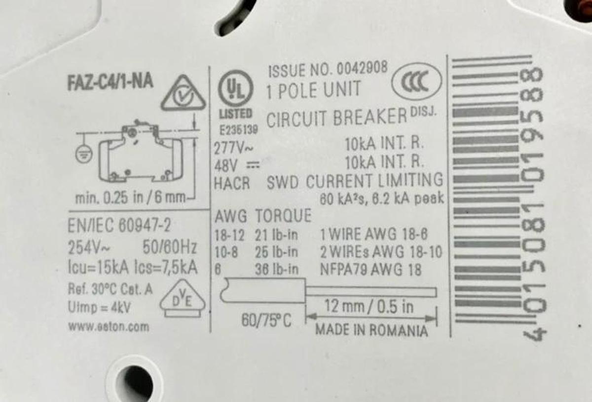 Box of 2 New Eaton FAZ-C4/1-NA Circuit Breakers 1 Pole 277V 4A