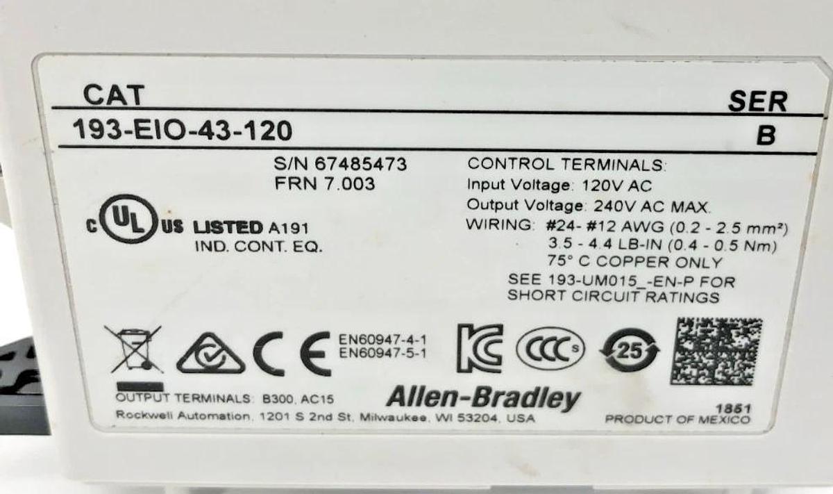 New Allen Bradley 193-EIO-43-120 Ser. B Overload Relay 120VAC - No Box