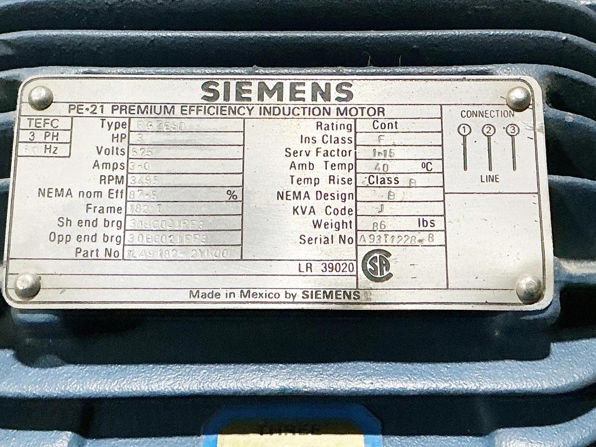 Used Siemens 1LA9182-2YK00 Induction Motor RGZESD 3HP 575V 3495RPM 3A 3 PH 60Hz