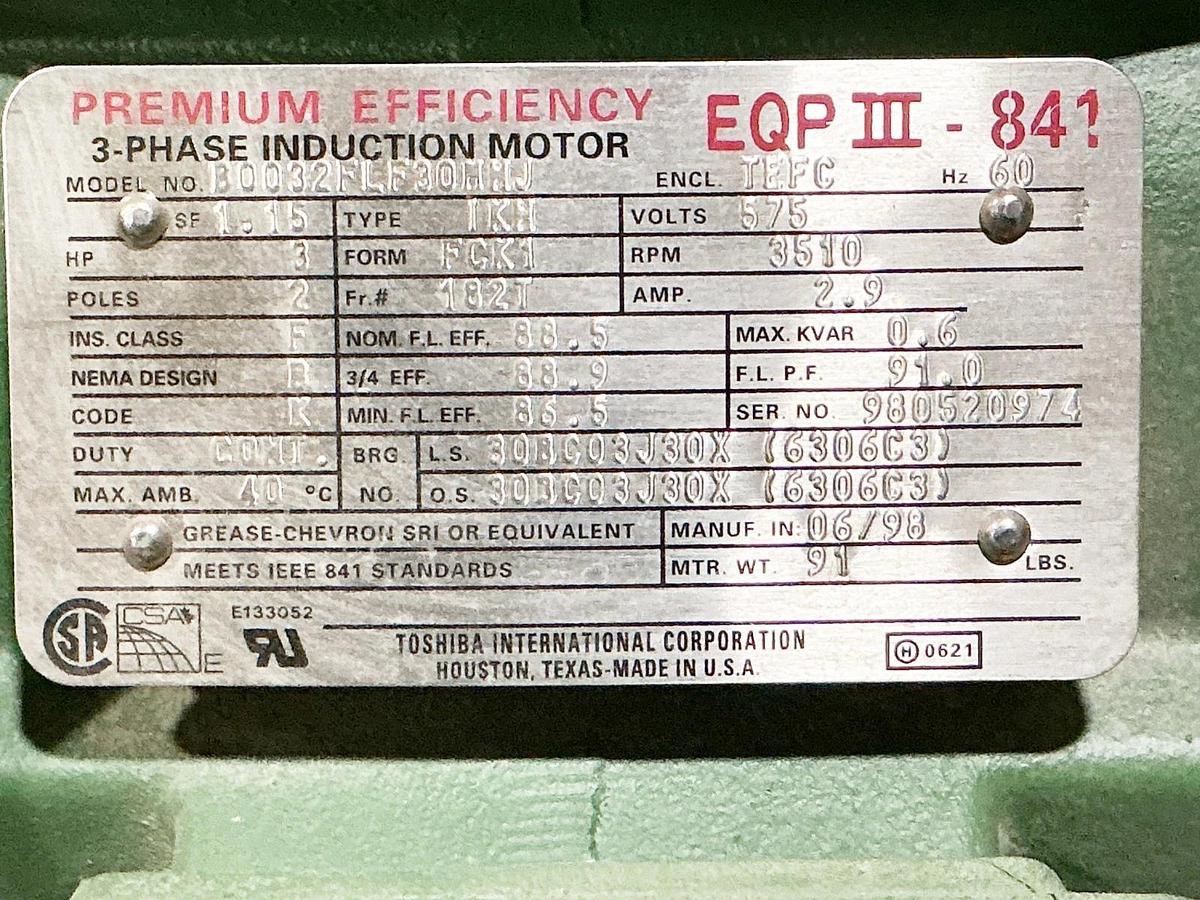 Used Toshiba B0032FLF30HHJ Electric Motor 3HP 575V 3510RPM 2.9A 3PH FCK1
