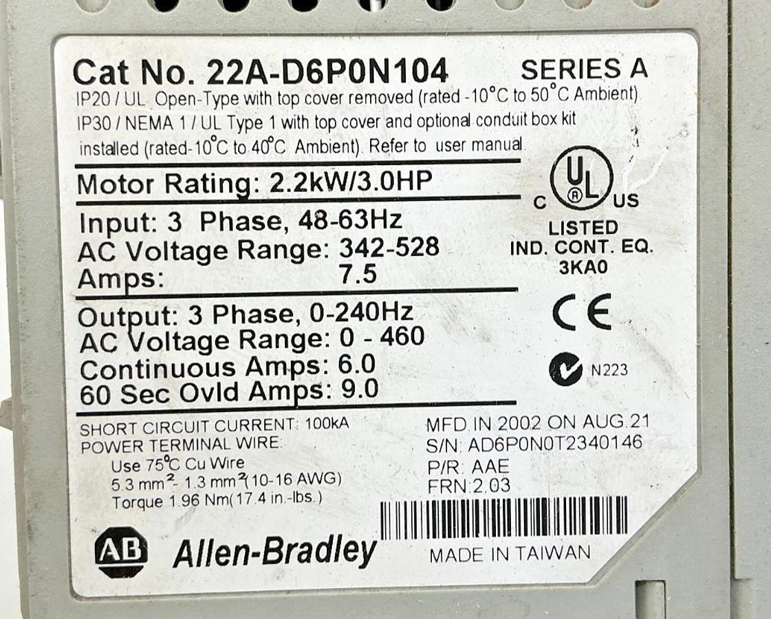 Used Allen Bradley 22A-D6P0N104 Ser A AC Drive 3HP 7.5A 342-528VAC 48-63HZ